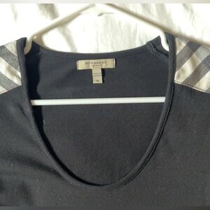 Authentic Burberry Black and silver Shoulder plaid, 3/4 sleeve, scoop neck T